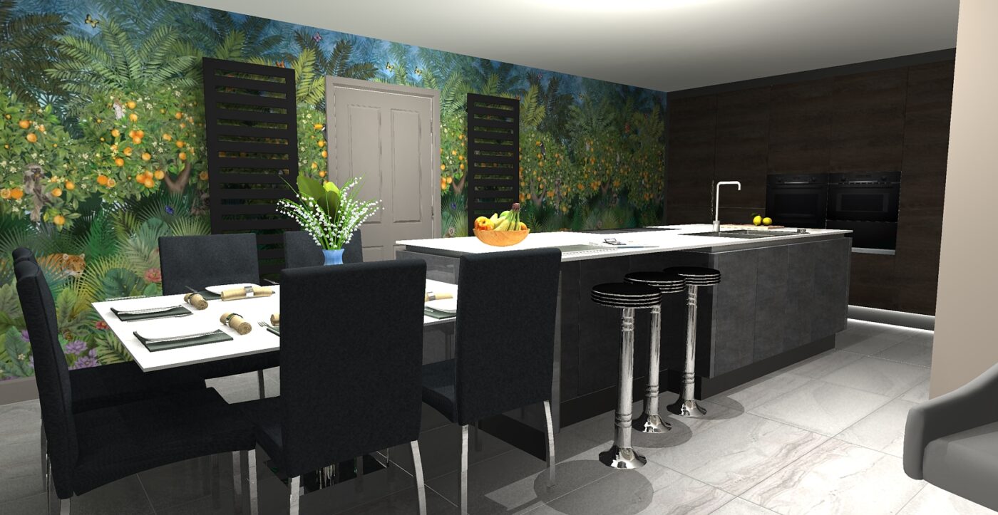 3D modern kitchen design which includes a dining area, kitchen island, and cabinetry area with integrated appliances.