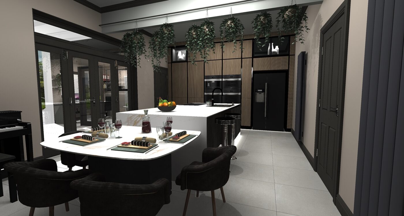 A 3D kitchen design which includes a dining area, a kitchen island with ample storage, and an integrated cabinetry section.