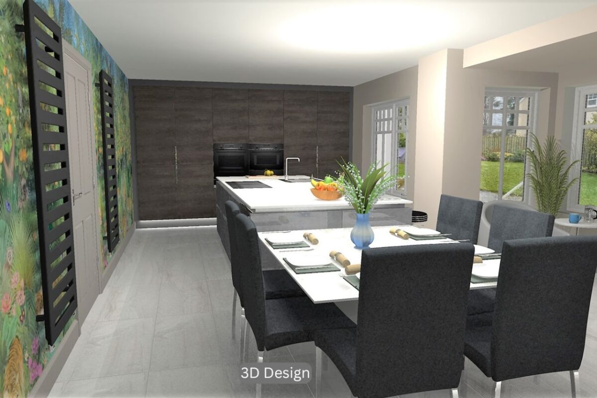 A 3D design of a modern kitchen with integrated cabinetry and a kitchen island.